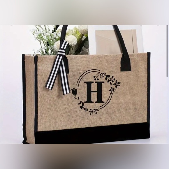 Handbags - Letter Embroidered Jute Satchel Bag Large